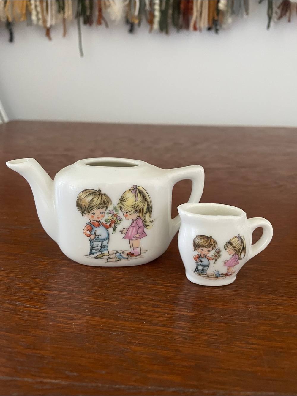 Vintage Ceramic Teapot & Creamer Set with Sweet Kids Illustration - White small